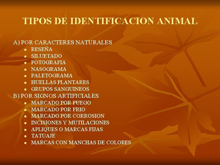 TIPOS DE IDENTIFICACION ANIMAL A) POR CARACTERES NATURALES n n n n RESEÑA SILUETADO