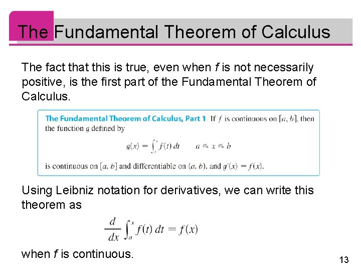 The Fundamental Theorem of Calculus The fact that this is true, even when f