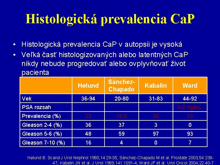 Histologická prevalencia Ca. P • Histologická prevalencia Ca. P v autopsii je vysoká •