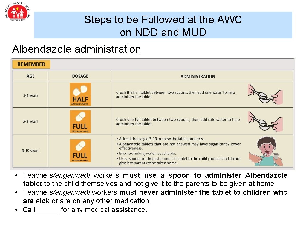 Steps to be Followed at the AWC on NDD and MUD Albendazole administration •