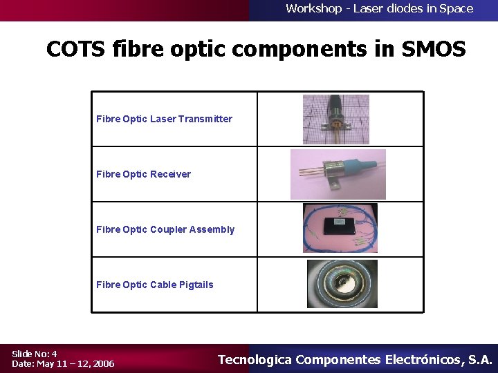 Workshop - Laser diodes in Space COTS fibre optic components in SMOS Fibre Optic