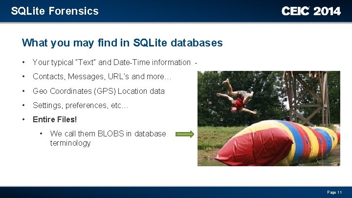 SQLite Forensics What you may find in SQLite databases • Your typical “Text” and