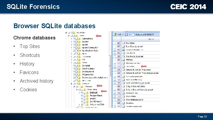 SQLite Forensics Browser SQLite databases Chrome databases • Top Sites • Shortcuts • History