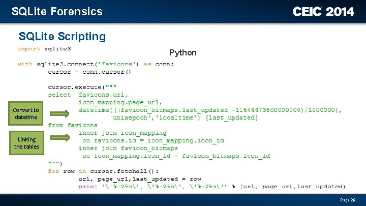 SQLite Forensics SQLite Scripting Python Convert to datetime Linking the tables Page 29 