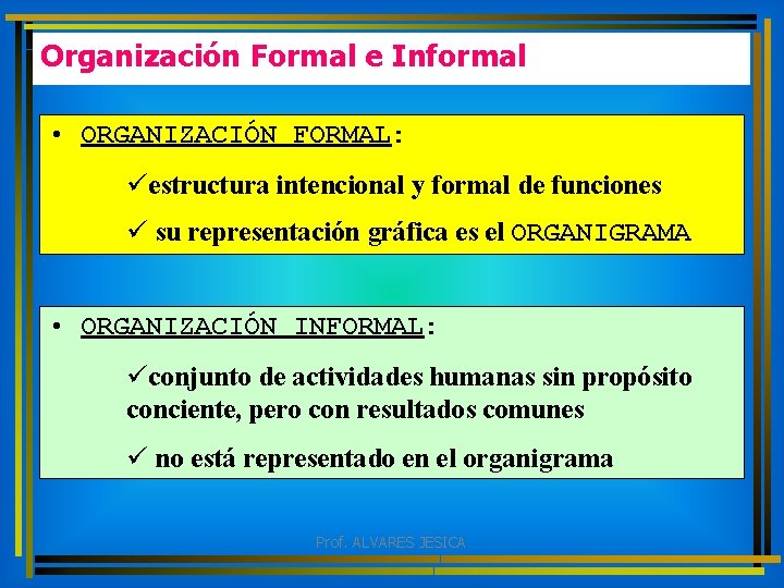 Organización Formal e Informal • ORGANIZACIÓN FORMAL: üestructura intencional y formal de funciones ü