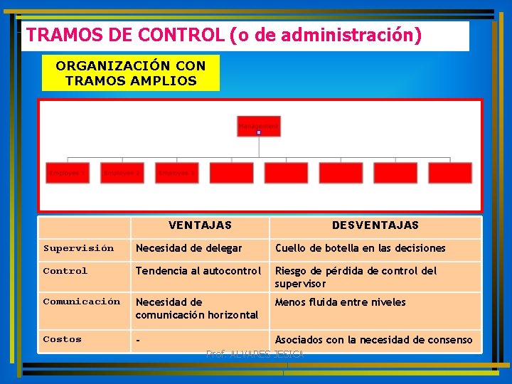 TRAMOS DE CONTROL (o de administración) ORGANIZACIÓN CON TRAMOS AMPLIOS VENTAJAS DESVENTAJAS Supervisión Necesidad