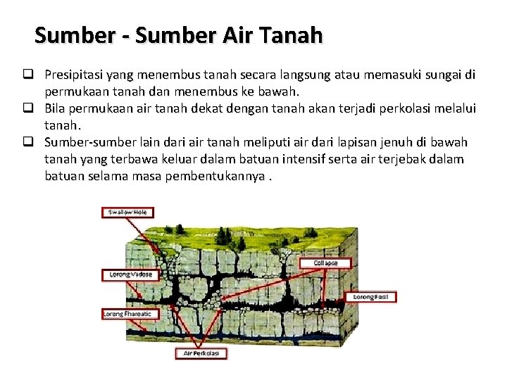 Sumber - Sumber Air Tanah q Presipitasi yang menembus tanah secara langsung atau memasuki