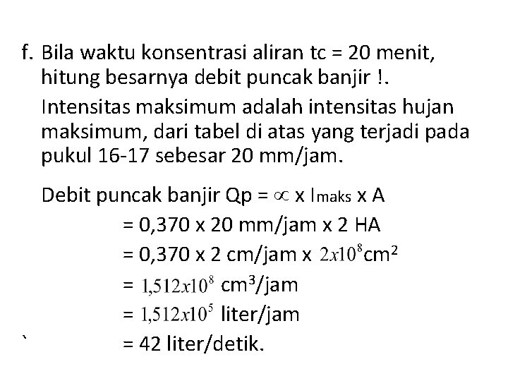 f. Bila waktu konsentrasi aliran tc = 20 menit, hitung besarnya debit puncak banjir