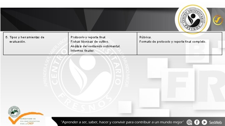 5. Tipos y herramientas de evaluación. Protocolo y reporte final. Fichas técnicas de cultivo.