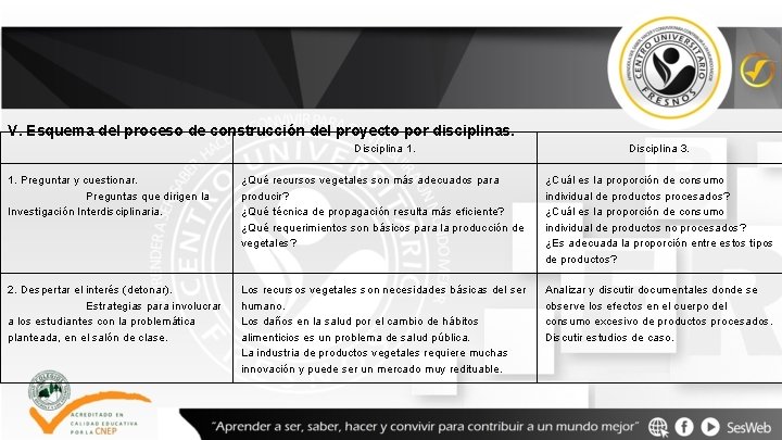 V. Esquema del proceso de construcción del proyecto por disciplinas. Disciplina 1. Disciplina 3.