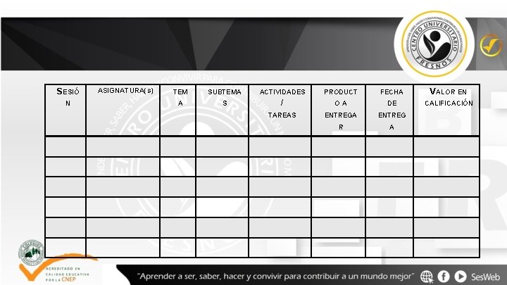 SESIÓ N ASIGNATURA(S) TEM SUBTEMA ACTIVIDADES PRODUCT FECHA VALOR EN A S / OA