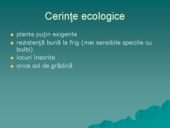 Cerinţe ecologice u u plante puţin exigente rezistenţă bună la frig (mai sensibile speciile