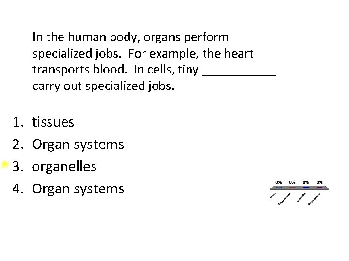 In the human body, organs perform specialized jobs. For example, the heart transports blood.