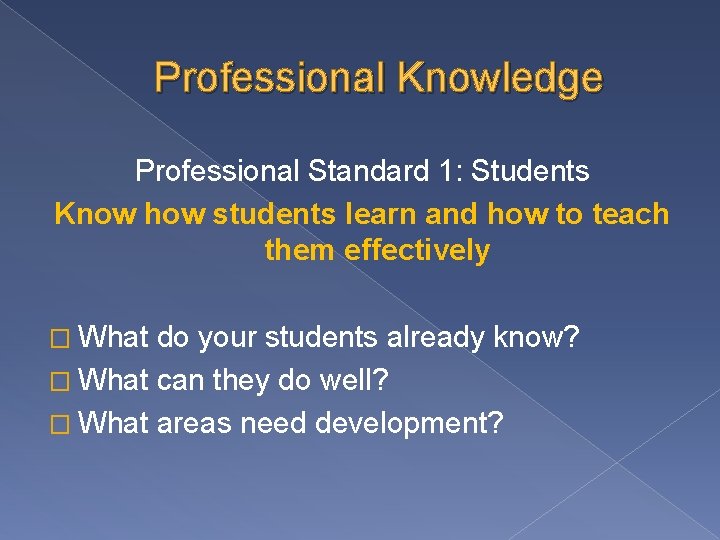 Professional Knowledge Professional Standard 1: Students Know how students learn and how to teach Professional Knowledge Professional Standard 1: Students Know how students learn and how to teach