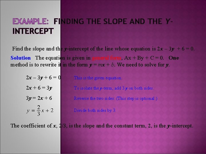 EXAMPLE: FINDING THE SLOPE AND THE YINTERCEPT Find the slope and the y-intercept of