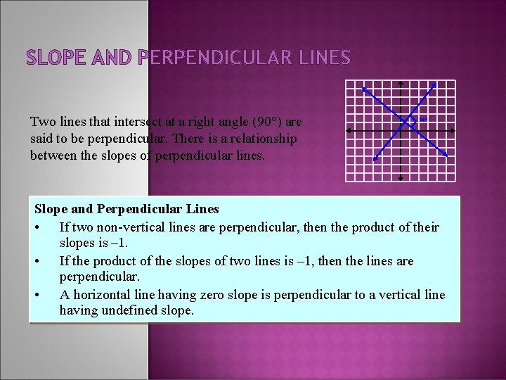 SLOPE AND PERPENDICULAR LINES Two lines that intersect at a right angle (90°) are