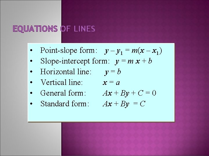 EQUATIONS OF LINES • • • Point-slope form: y – y 1 = m(x