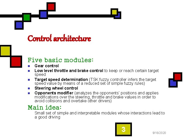 Control architecture Five basic modules: n n n Gear control Low level throttle and