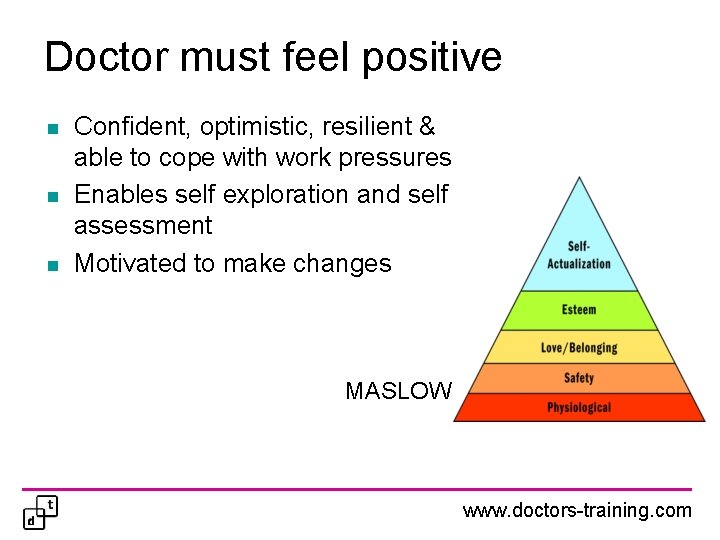 Doctor must feel positive n n n Confident, optimistic, resilient & able to cope