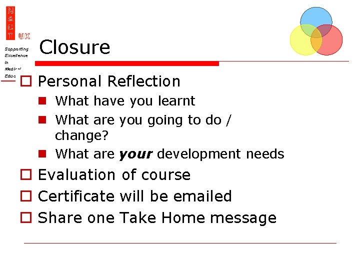 Supporting Excellence Closure In Medical o Personal Reflection Education n What have you learnt