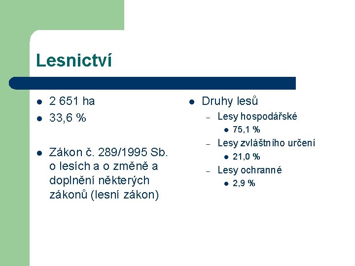 Lesnictví l l 2 651 ha 33, 6 % l Druhy lesů – Lesy