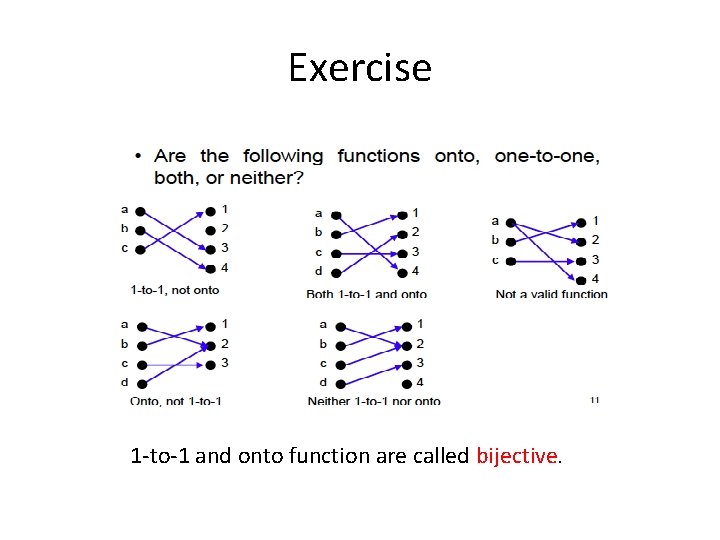 Exercise 1 -to-1 and onto function are called bijective. 