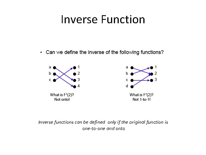 Inverse Function Inverse functions can be defined only if the original function is one-to-one