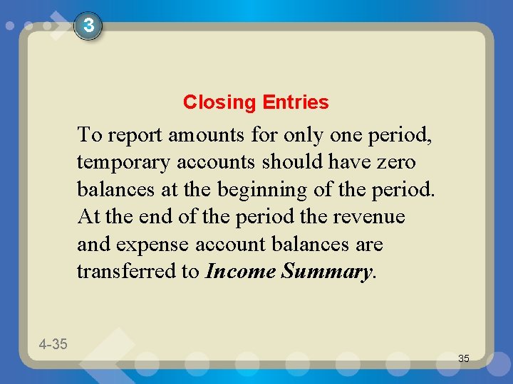 3 Closing Entries To report amounts for only one period, temporary accounts should have