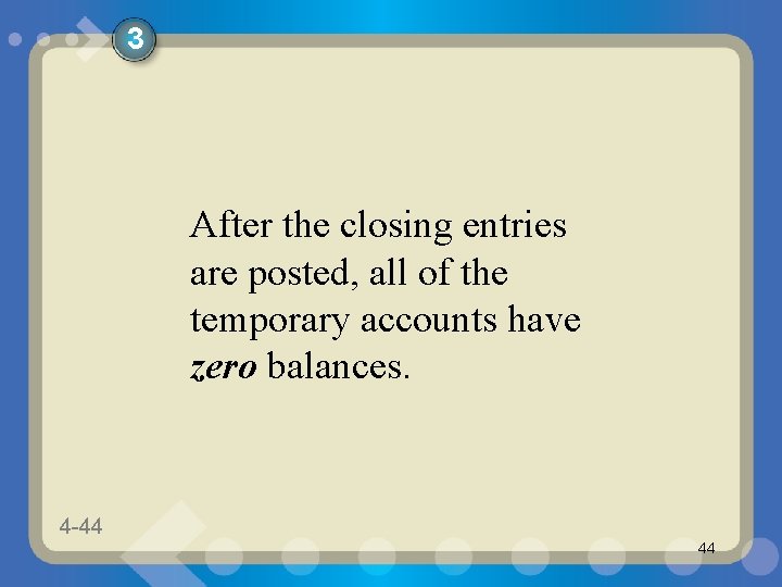 3 After the closing entries are posted, all of the temporary accounts have zero