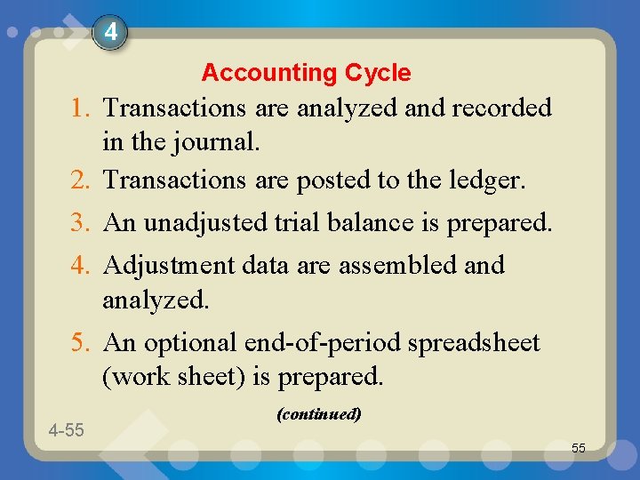 4 Accounting Cycle 1. Transactions are analyzed and recorded in the journal. 2. Transactions