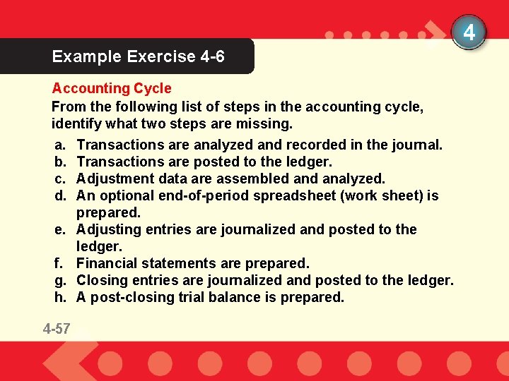 4 Example Exercise 4 -6 Accounting Cycle From the following list of steps in