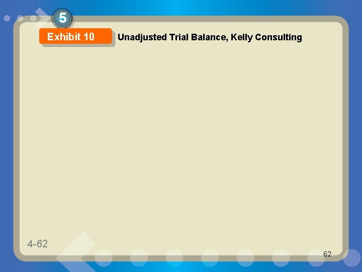 5 Exhibit 10 4 -62 1 -62 Unadjusted Trial Balance, Kelly Consulting 62 