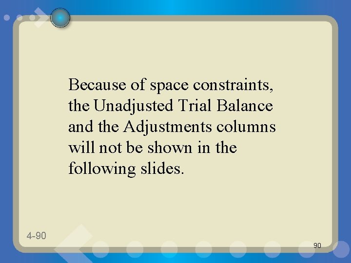 Because of space constraints, the Unadjusted Trial Balance and the Adjustments columns will not