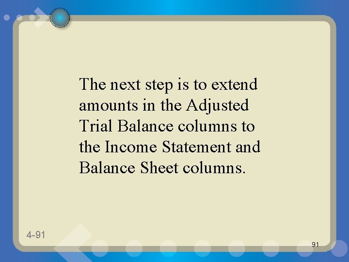 The next step is to extend amounts in the Adjusted Trial Balance columns to