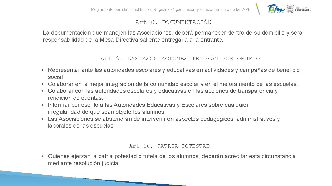 Reglamento para la Constitución, Registro, Organización y Funcionamiento de las APF Art 8. DOCUMENTACIÓN