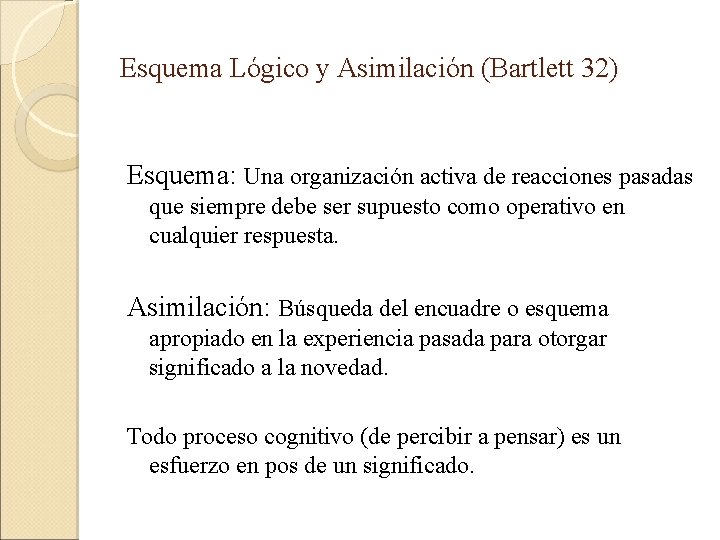 Esquema Lógico y Asimilación (Bartlett 32) Esquema: Una organización activa de reacciones pasadas que