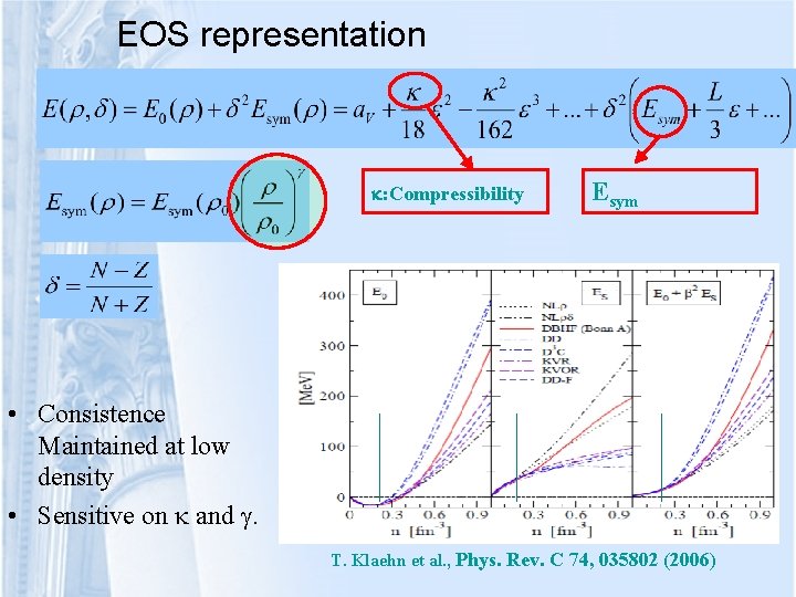 EOS representation : Compressibility Esym • Consistence Maintained at low density • Sensitive on