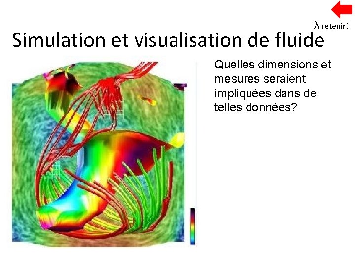 À retenir! Simulation et visualisation de fluide Quelles dimensions et mesures seraient impliquées dans