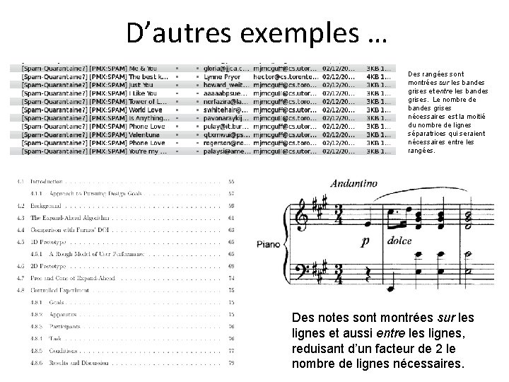 D’autres exemples … Des rangées sont montrées sur les bandes grises et entre les