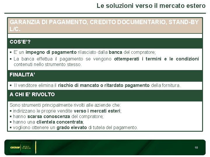 Le soluzioni verso il mercato estero GARANZIA DI PAGAMENTO, CREDITO DOCUMENTARIO, STAND-BY L/C. 3