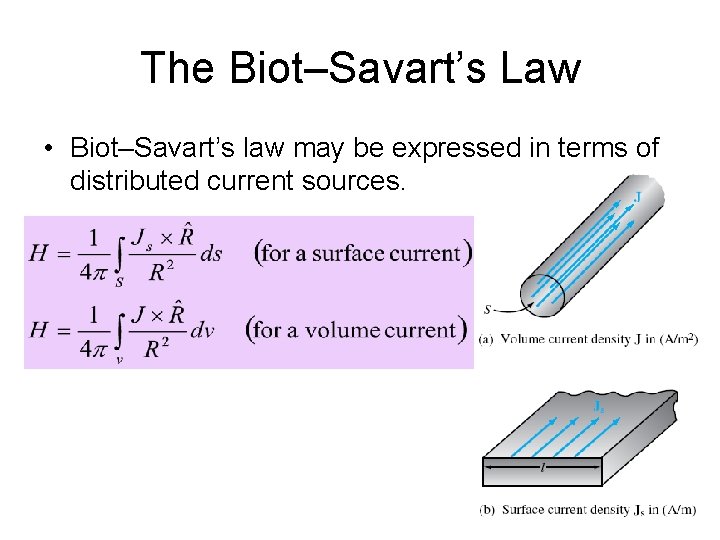 The Biot–Savart’s Law • Biot–Savart’s law may be expressed in terms of distributed current