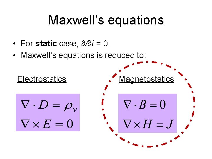 Maxwell’s equations • For static case, ∂/∂t = 0. • Maxwell’s equations is reduced