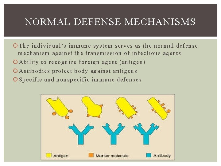 NORMAL DEFENSE MECHANISMS The individual’s immune system serves as the normal defense mechanism against