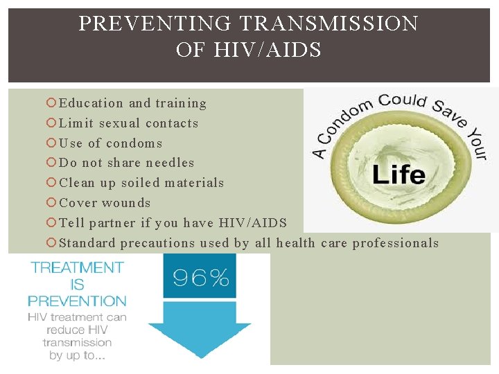 PREVENTING TRANSMISSION OF HIV/AIDS Education and training Limit sexual contacts Use of condoms Do