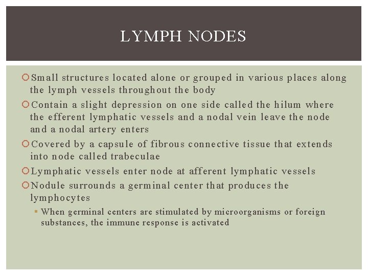 LYMPH NODES Small structures located alone or grouped in various places along the lymph
