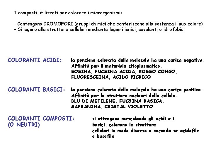 I composti utilizzati per colorare i microrganismi: - Contengono CROMOFORI (gruppi chimici che conferiscono