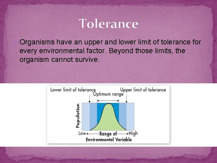 Tolerance Organisms have an upper and lower limit of tolerance for every environmental factor.