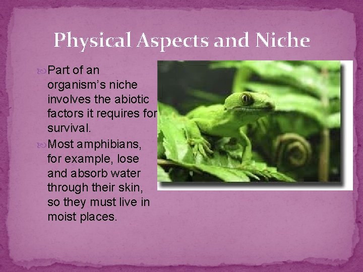 Physical Aspects and Niche Part of an organism’s niche involves the abiotic factors it