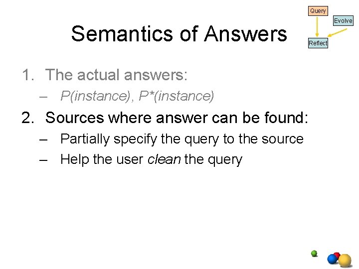 Query Semantics of Answers Evolve Reflect 1. The actual answers: – P(instance), P*(instance) 2. Query Semantics of Answers Evolve Reflect 1. The actual answers: – P(instance), P*(instance) 2.