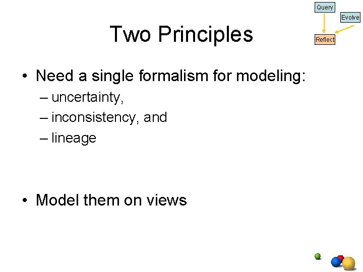 Query Evolve Two Principles • Need a single formalism for modeling: – uncertainty, – Query Evolve Two Principles • Need a single formalism for modeling: – uncertainty, –